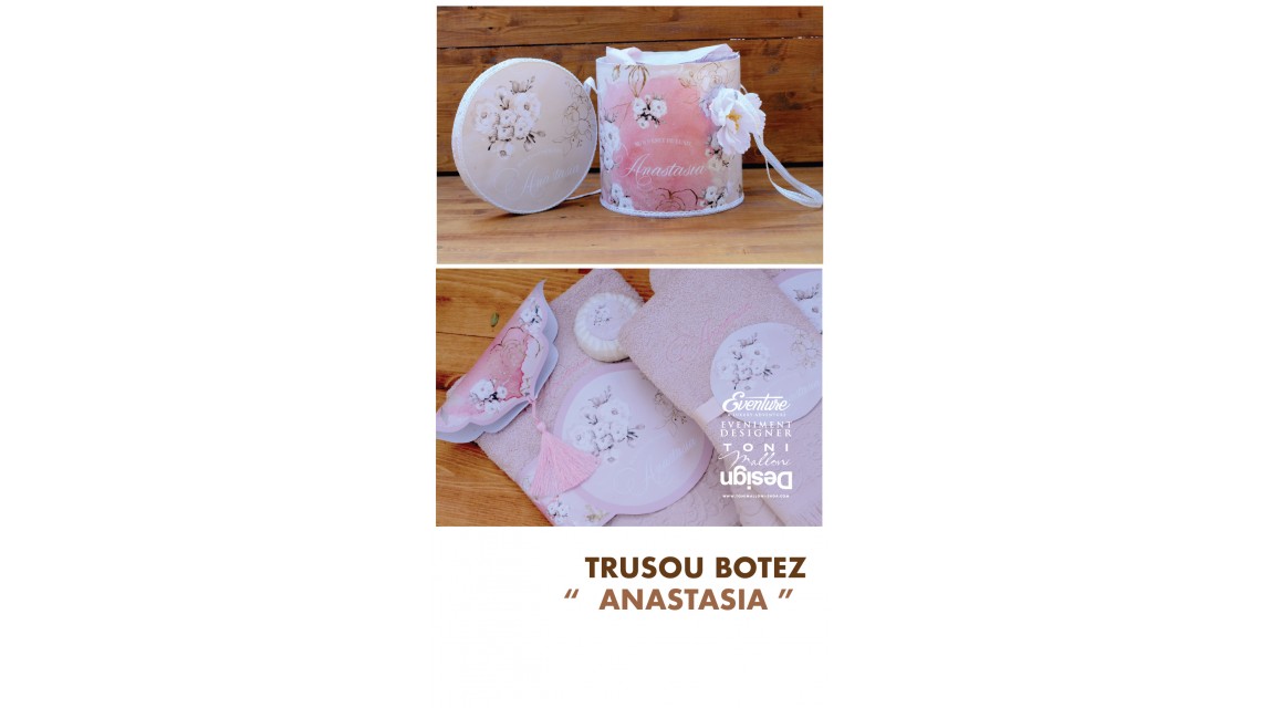 Trusou botez  brodat pentru fetite cu bujori roz, Floralia 3